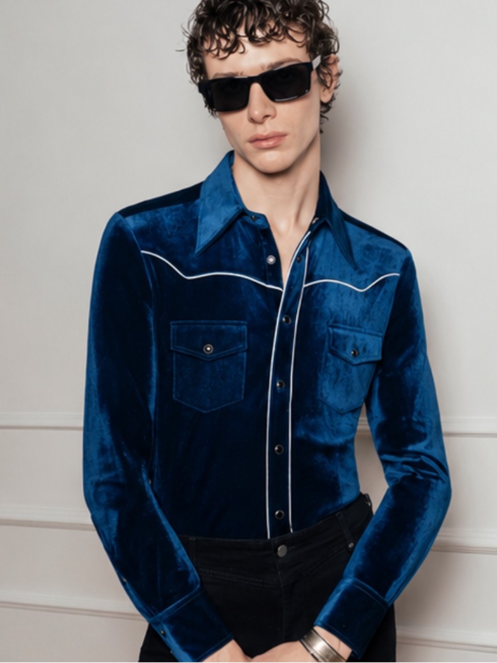 PHI.X Blue Men's Western Velvet Shirt XS